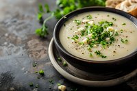 Creamy potato soup garnished with fresh parsley and black pepper in dark ceramic bowl on rustic background. Homemade comfort food for cold weather.
