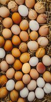Fresh farm eggs in various natural shades from white to brown arranged on straw, perfect for food photography, organic farming, and healthy lifestyle content. Overhead view creates engaging pattern.