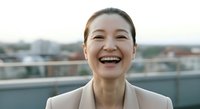 Asian woman, mid-40s, business professional wearing beige blazer, smiling broadly at camera on urban rooftop with cityscape background. Corporate portrait.