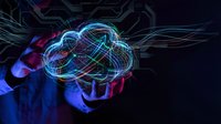 Businessman touching glowing digital cloud computing network with colorful data streams and connections on dark background for technology concepts.