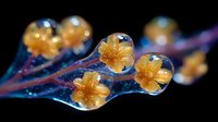 Delicate yellow flowers encapsulated in pure water drops on dark background with purple stem create magical macro photography effect for nature and botanical art prints.