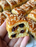 Fresh baked flaky pastry with raisins shown in cross section, topped with sesame seeds. Golden brown layered dough reveals delicate texture and dried fruit filling.