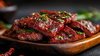 Juicy grilled beef steak slices with herbs and spices on wooden plate. Dark moody food photography with selective focus and copy space for menu design.