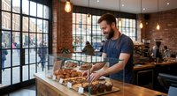 Young bearded male baker arranging fresh pastries on wooden counter in modern industrial coffee shop with exposed brick walls and large windows.