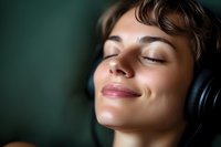 Young woman with closed eyes wearing headphones enjoying music with peaceful expression on green background for relaxation and audio content concepts.
