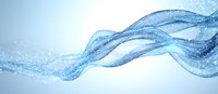Flowing blue water wave with sparkling particles creating dynamic motion effect against light background, abstract fluid design for fresh concepts.