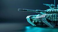 Digital wireframe tank with glowing cyan lines on dark background. Modern military technology concept for defense industry presentations and tech designs.