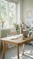 Bright home office workspace with wooden desk, laptop, notebook, and coffee mug near large window with natural light and green foliage view. Ideal for remote work and productivity concepts.