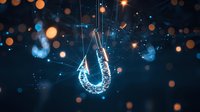 Glowing digital phishing hook with network connections on dark background with bokeh lights and sparkles, cybersecurity and online threat concept.