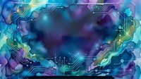Watercolor cosmic background with glowing circuit board patterns in teal, purple, and blue tones, featuring a dark center space for text or design.