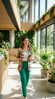 Young Hispanic woman walking through modern eco-friendly office space with green plants and natural lighting holding coffee cup in sustainable workplace.