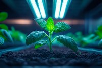 Young green plant seedling growing under LED grow light in dark soil, dramatic lighting highlights fresh leaves and new growth in indoor garden setting.