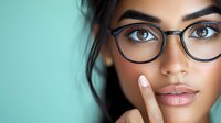 Young woman with dark hair wearing stylish eyeglasses against turquoise background, close up portrait showing natural makeup and manicured nails touching face.