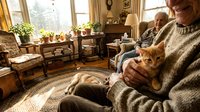 Senior man with glasses wearing a beige knit sweater holding an orange tabby cat in a sunlit living room with wooden furniture and potted plants.