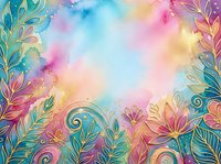 Watercolor floral frame with vibrant pink, yellow, and turquoise blooms and ornamental leaves on soft gradient background. Suitable for invitations and greeting cards.