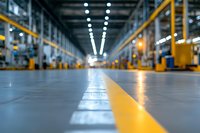 Industrial warehouse floor with yellow safety line marking and blurred background showing long corridor with ceiling lights and equipment. Perspective view.
