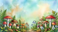 Watercolor forest floor scene with red and brown mushrooms, ferns, and wildflowers in soft pastel tones. Suitable for nature illustrations, children's books, and botanical designs.