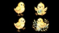 Cute yellow baby chicks set with Easter eggs and flowers, isolated on transparent background, ready for stickers, T-shirt design, clipart, and print on demand.