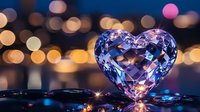 Crystal heart shape on reflective surface with romantic bokeh lights background creates magical atmosphere for Valentine's day cards and romantic designs.