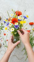Hands holding glass vase with vibrant wildflower bouquet featuring red poppies, yellow and white daisies, blue cornflowers arranged on neutral textured surface with scattered petals.