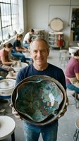 Middle-aged male ceramicist with receding hairline displaying handcrafted pottery bowl in studio workshop. Group of diverse students engaged in pottery wheel work and clay modeling in background. Ideal for art education, craft classes, pottery instruction, and creative workshops.