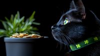 Black cat with bright green eyes wearing St Patrick's Day collar looks away dramatically against dark background with golden coins in soft focus.