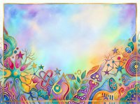 Colorful abstract watercolor artwork with vibrant swirling patterns, decorative botanical elements, and psychedelic designs. Soft pastel gradient background transitions from blue to yellow to pink tones. Ornamental borders feature intricate doodles, spirals, and whimsical shapes. Suitable for creative projects, backgrounds, and artistic designs.