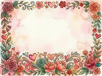 Ornamental floral frame with roses, hearts, and botanical elements in warm tones on cream background, suitable for wedding invitations, greeting cards, and decorative designs.