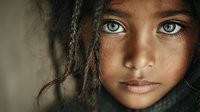 Young mixed-race girl with striking blue eyes and braided hair wearing green knit hood, close-up portrait with natural lighting and soft focus background.
