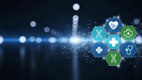 Digital healthcare technology concept with medical icons in hexagonal pattern on dark blue background with glowing light effects and bokeh.