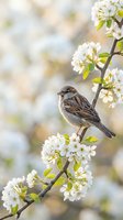 Small sparrow perched on blooming cherry tree branch with white flowers in spring garden with soft bokeh background for nature and wildlife themes.