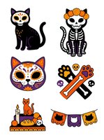 Day of the Dead cat clipart collection featuring skeleton cats, marigold crowns, decorated faces, bones, candles, and festive bunting on transparent background, ready for design projects.