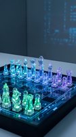Illuminated glass chess set with colorful LED lighting on modern table for strategic gaming and luxury entertainment decor.