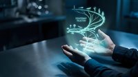 Hands holding glowing digital network hologram with data flow visualization, representing technology innovation, artificial intelligence, and futuristic business solutions for corporate presentations.