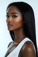 Young African American woman with long straight black hair and natural makeup in white top, profile view for beauty and fashion campaigns.