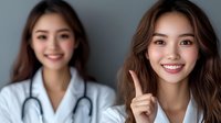 Young Asian female healthcare professionals in medical setting, doctor and nurse showing positive expressions and gestures for wellness campaign.