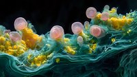 Microscopic view of colorful bacterial colonies with spherical structures in turquoise and yellow tones against dark background, scientific research visualization.