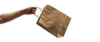Hand holding brown paper shopping bag isolated on white background for retail and commercial use.