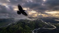 Majestic eagle soaring over dramatic mountain landscape with winding river and stormy clouds at sunset creating powerful nature scene for outdoor adventure content.