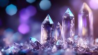 Sparkling crystal quartz cluster with prismatic formations glowing against dreamy bokeh background for spiritual wellness meditation healing energy concepts.