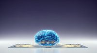 Glowing blue brain hologram emerging from digital tablet screen, representing artificial intelligence, technology innovation, and digital transformation concepts.