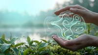 Hands protecting glowing brain with circuit patterns over green plants symbolizing AI technology and environmental sustainability in agriculture.