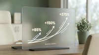 Transparent glass panel displaying quarterly growth chart with percentage arrows in modern office workspace for business presentations and data visualization.