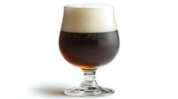 Glass of dark craft beer with creamy foam head on white background, isolated beverage photography for restaurant menu and promotional materials.