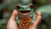 Smiling red-eyed tree frog with bright orange feet sitting in human palm against blurred natural background. Close up portrait shows detailed texture of amphibian skin.