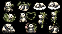 Cute panda characters in various playful poses with bamboo leaves, isolated on transparent background. Ready for t-shirt designs, stickers, clipart, sublimation, and print-on-demand products.