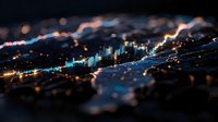 Digital financial data visualization with glowing blue charts and graphs on dark background for business analytics and market research presentations.