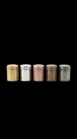 Five metallic cylindrical storage containers with screw-on lids in gold, silver, rose gold, bronze, and gunmetal finishes, isolated on transparent background, ready for design use in product mockups, packaging design, and print-on-demand applications.