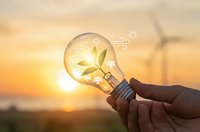 Hand holding light bulb with green plant inside at sunset with wind turbine, symbolizing renewable energy innovation and sustainable technology solutions.