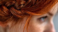Close-up of braided auburn hair showing detailed texture and natural highlights against soft background, suitable for hair care advertising.